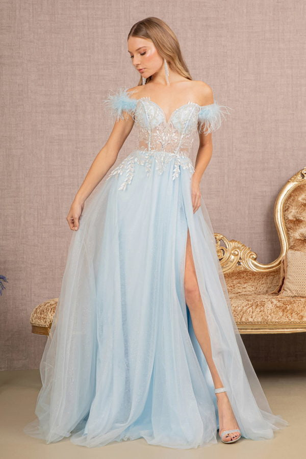Baby Blue Sheer Bodice Glitter Sequin A-Line Gown GL3135 - Women Formal Dress -Special Occasion-Curves