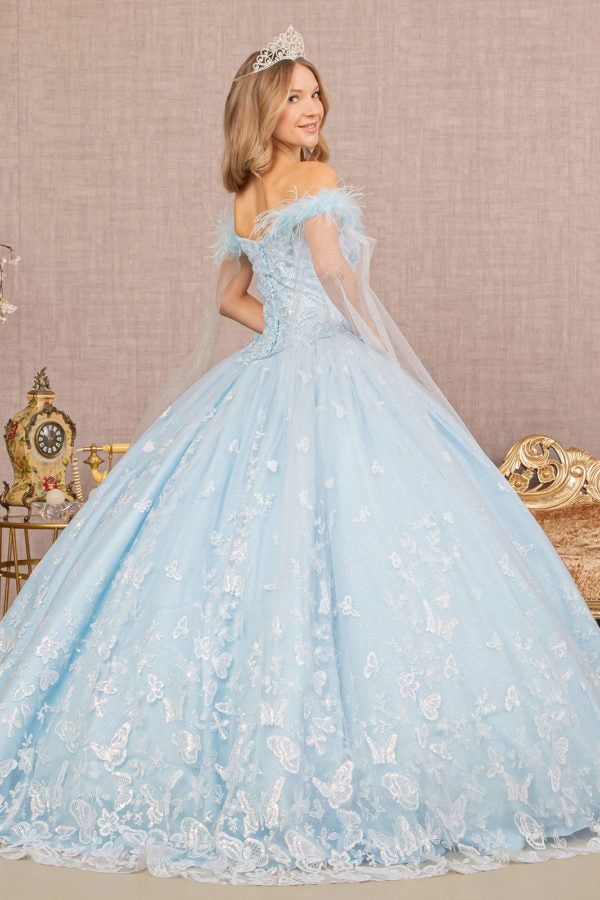 Baby Blue_1 Off the Shoulder Feather 3-D Flower Quinceanera Dress with Detachable Side Mesh Layer - GL3166