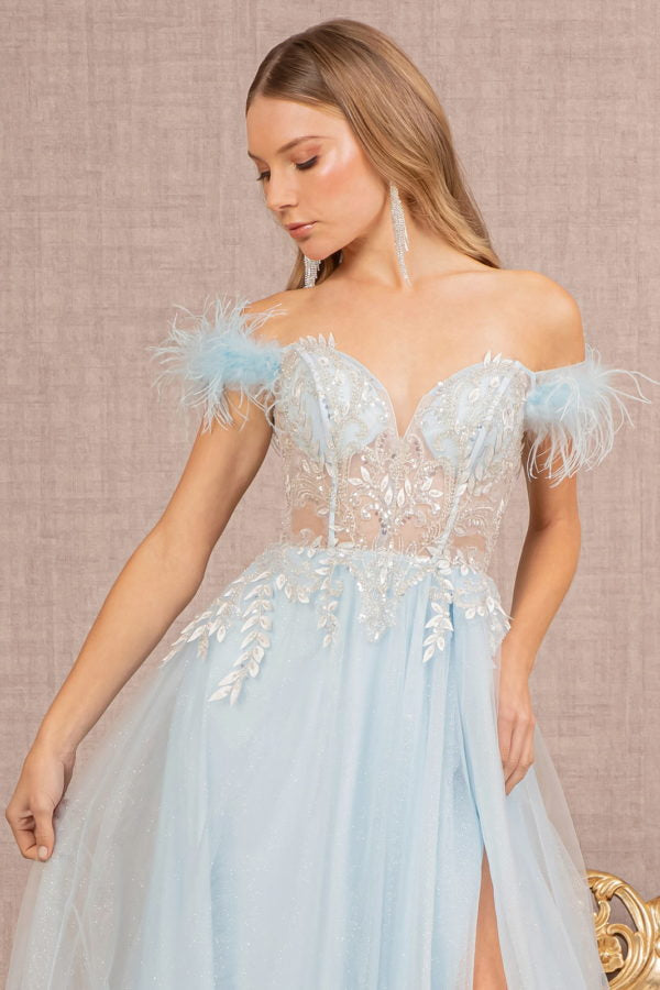Feather Straps Sheer Bodice Glitter Sequin Mesh A-line Dress by GLS by Ariststyles Feather Straps Sheer Bodice Glitter Sequin Mesh A-line Dress by GLS by Ariststyles