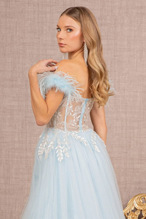 sachin and babi light blue dress Light Blue Appliques V-Neck Belted A-Line Prom Dress – jkprom main image 0