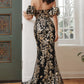 Black-Gold_1 Glitter Floral Mermaid Corset Slit Gown J844 - Women Evening Formal Gown - Special Occasion
