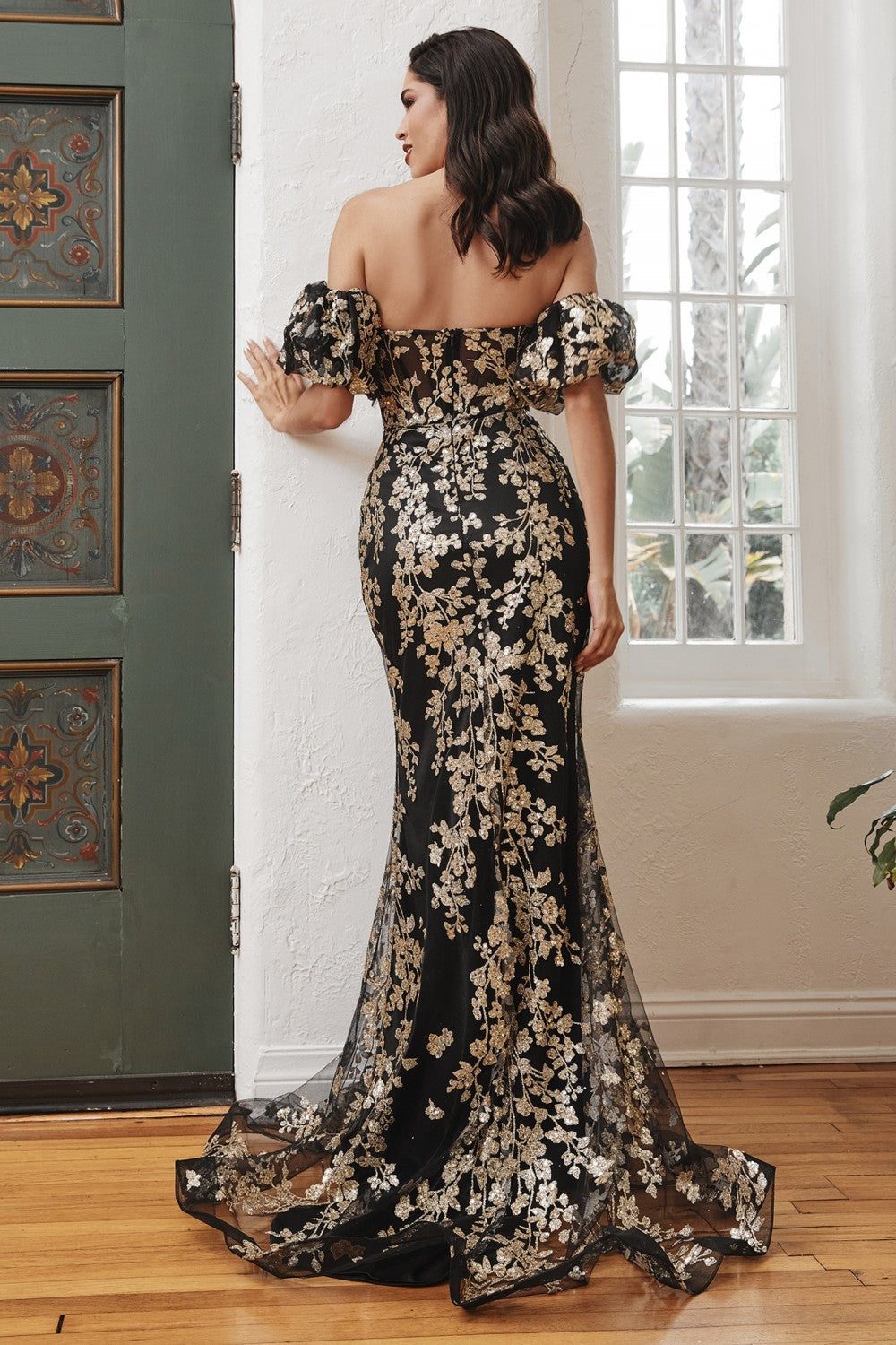 Black-Gold_1 Glitter Floral Mermaid Corset Slit Gown J844 - Women Evening Formal Gown - Special Occasion