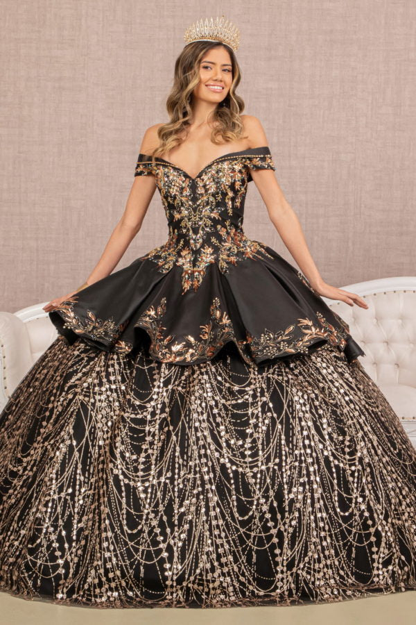 Black-gold GL3098 - Satin Off-Shoulder Sweetheart Neckline Quinceanera Dress
