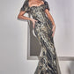 Black-gold Fitted Glitter Print Puff Sleeve Gown By Ladivine J833 - Women Evening Formal Gown - Special Occasion
