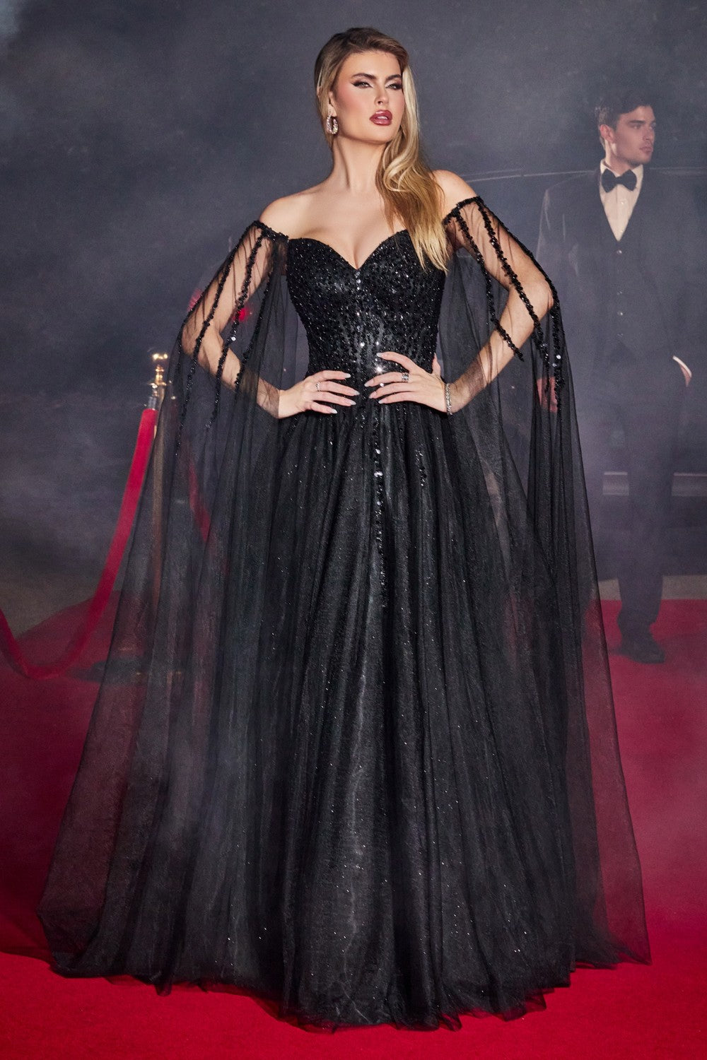 Black A-Line with Cape Sleeves Gown CD0204 - Women Evening Formal Gown - Special Occasion-Curves