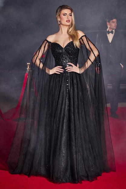 Black A-Line with Cape Sleeves Gown CD0204 - Women Evening Formal Gown - Special Occasion-Curves