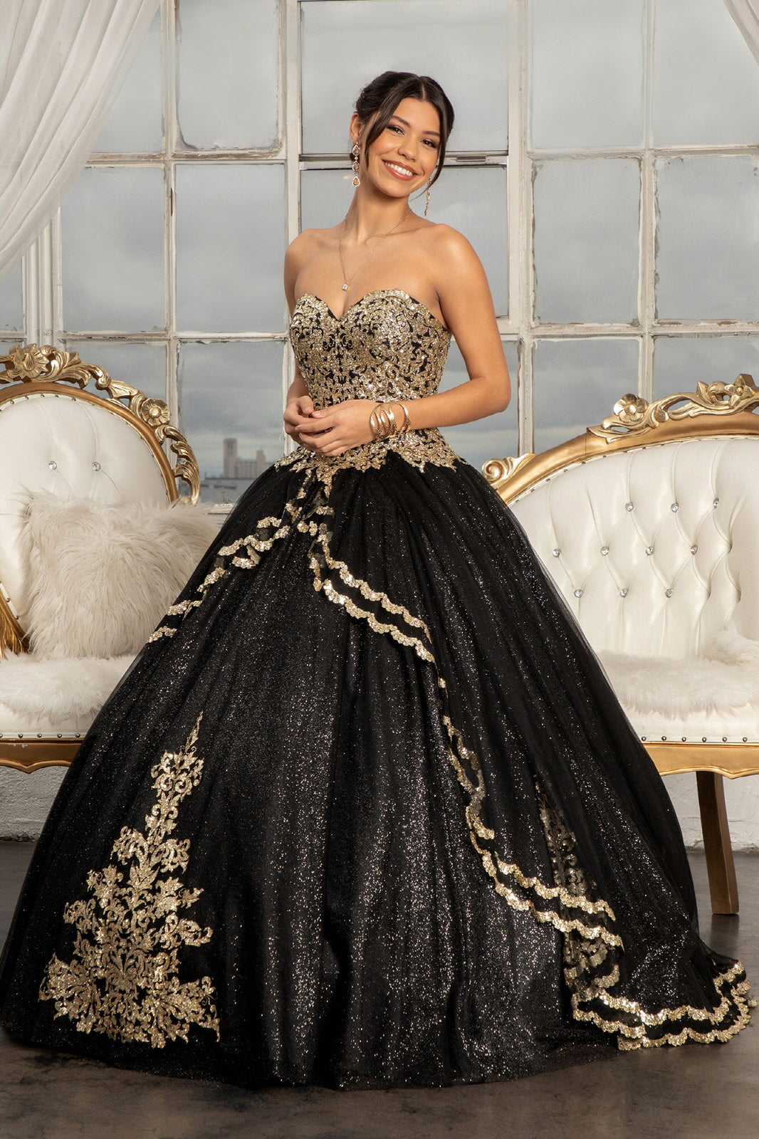 Black Elizabeth K - GL3022 - Embellished Strapless Glitter Quinceanera Dress