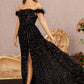 Black Feather Sequin Velvet Mermaid Slit Gown GL3163 - Women Formal Dress - Special Occasion-Curves