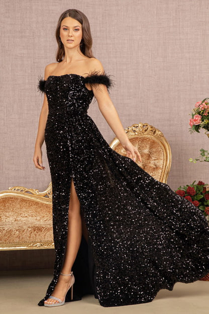 Black Feather Sequin Velvet Mermaid Slit Gown GL3163 - Women Formal Dress - Special Occasion-Curves