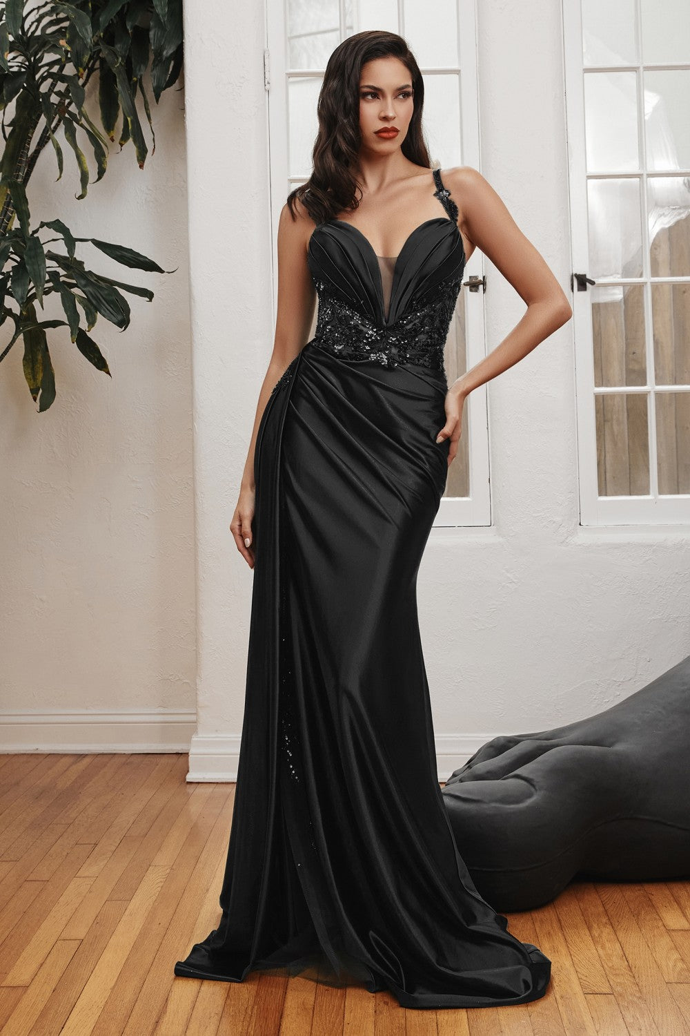 Black Fitted Soft Satin Slit Gown CDS417 - Women Evening Formal Gown - Special Occasion