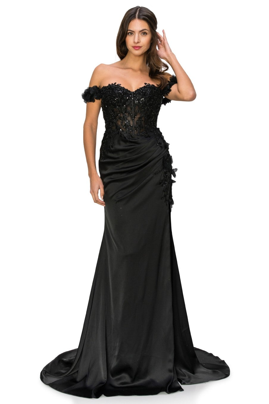 Black Floral Off The Shoulder Gown AS8050J - Special Occasion-Curves