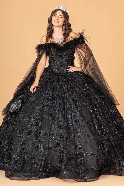 Black GL3101 - Feather Embellishment Off-Shoulder Quinceanera Dress