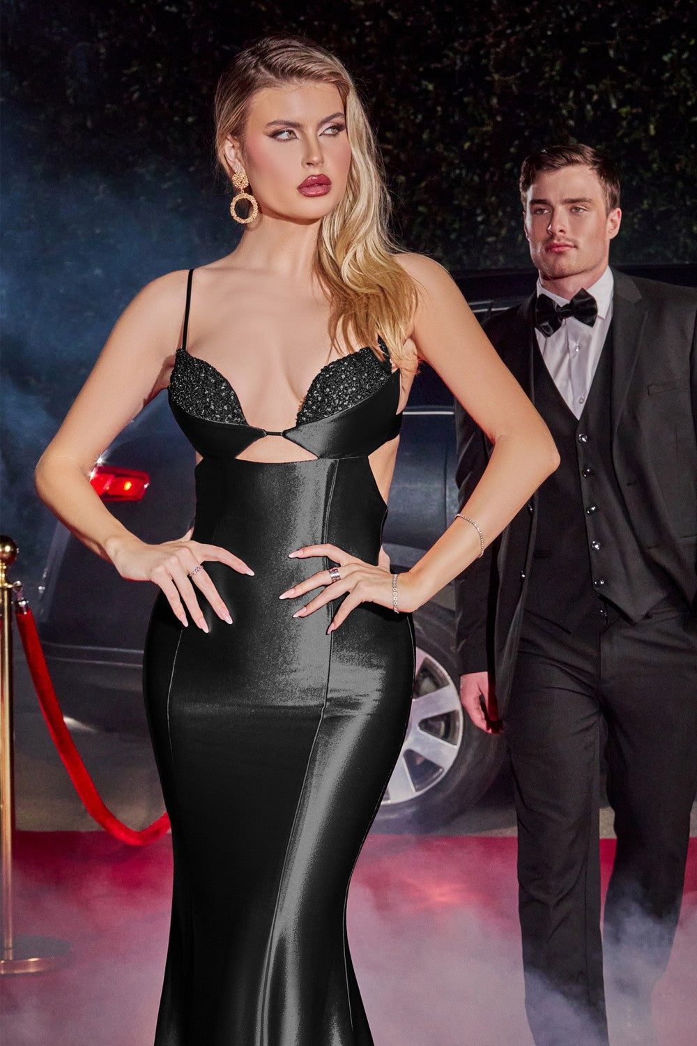 black satin fitted mermaid-cut dress Black Satin Mermaid Prom Dress with Spaghetti Straps, Draped Bodice & Viniodress