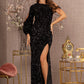 Black Sequin Asymmetric Velvet Mermaid Dress - GL3159 - Special Occasion-Curves