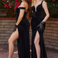 Black Velvet Off The Shoulder Corset Slit Gown - Women Evening Formal Gown CD236 - Special Occasion