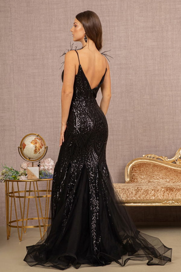 Black_1 Feather Sequin Mermaid Women Formal Dress - GL3123 - Special Occasion-Curves