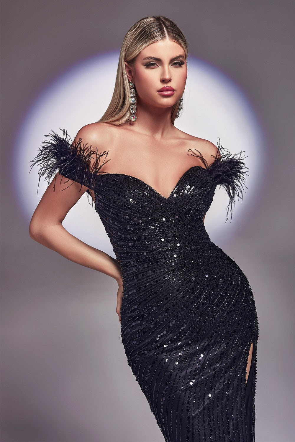 Black_1 Feather Sleeve Off The Shoulder Gown CD0207 - Women Evening Formal Gown - Special Occasion