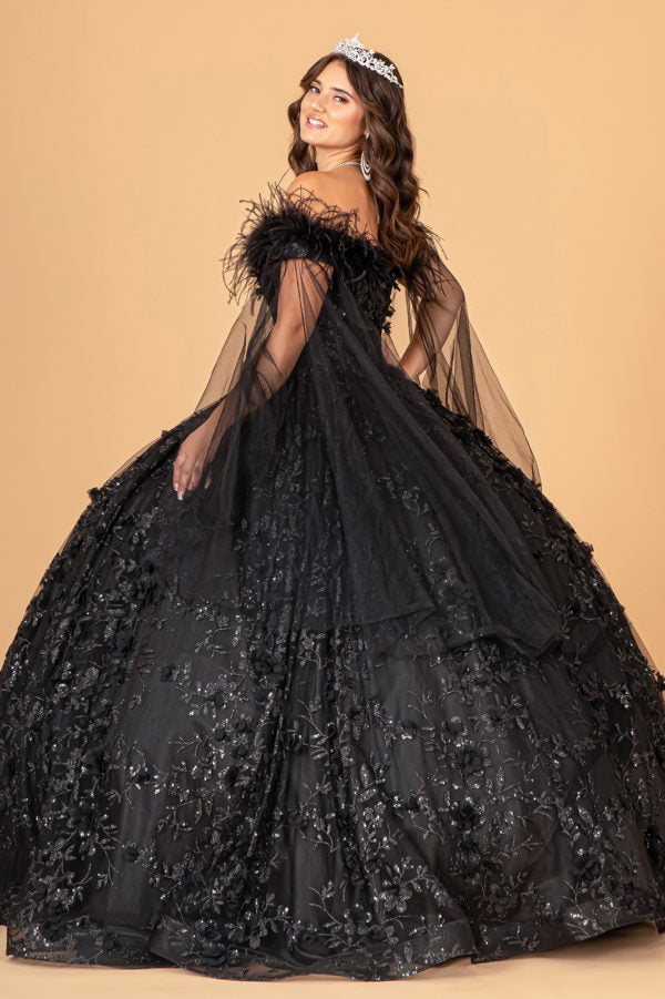 Black_1 GL3101 - Feather Embellishment Off-Shoulder Quinceanera Dress