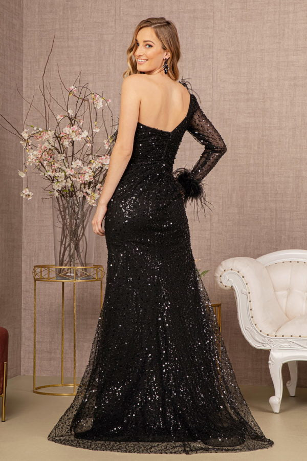 Black_1 Mesh Asymmetric Neckline Mermaid Dress GL3160 - Women Formal Dress -Special Occasion-Curves