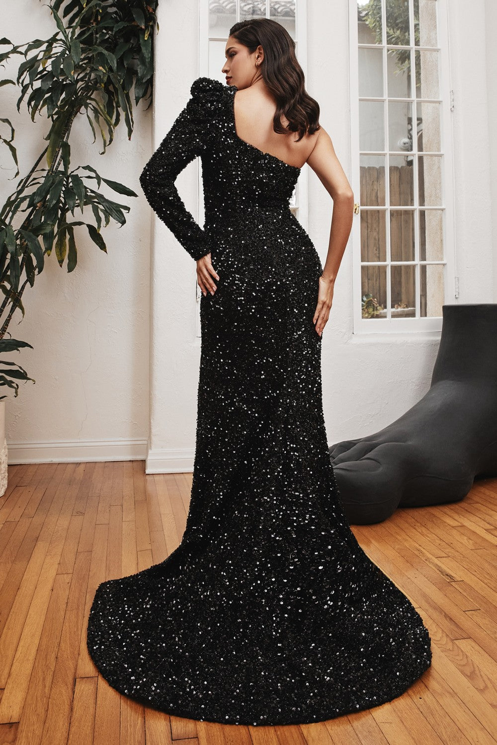 Black_1 One Shoulder Sequin Corset Slit Gown - Women Evening Formal Gown CD885 - Special Occasion