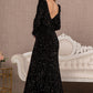 Black_1 Puff Shoulder 3-4 Sleeves Feather Velvet Mermaid Dress - GL3122 - Special Occasion-Curves