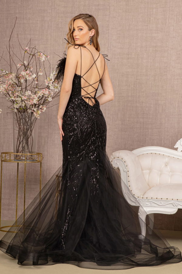 Sequin Print Feather Mermaid Gown by GLS Gloria GL3117 Black / XS Sequin Print Feather Mermaid Gown by GLS Gloria GL3117 Black / XS