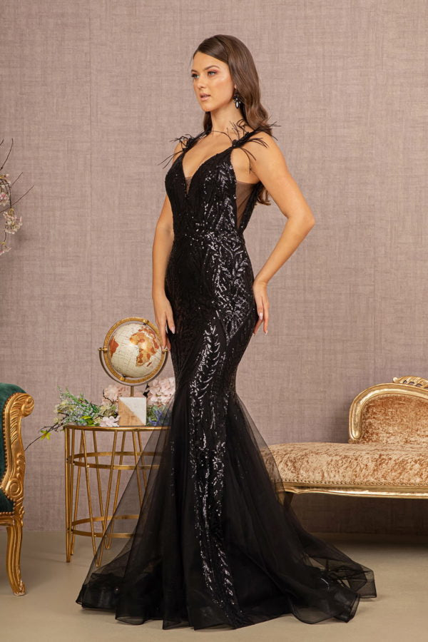 Black_2 Feather Sequin Mermaid Women Formal Dress - GL3123 - Special Occasion-Curves