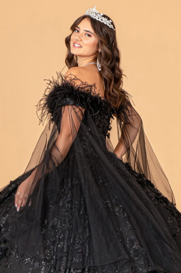 Black_3 GL3101 - Feather Embellishment Off-Shoulder Quinceanera Dress