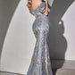 Blue-gold_1 Fitted Glitter Print Puff Sleeve Gown By Ladivine J833 - Women Evening Formal Gown - Special Occasion