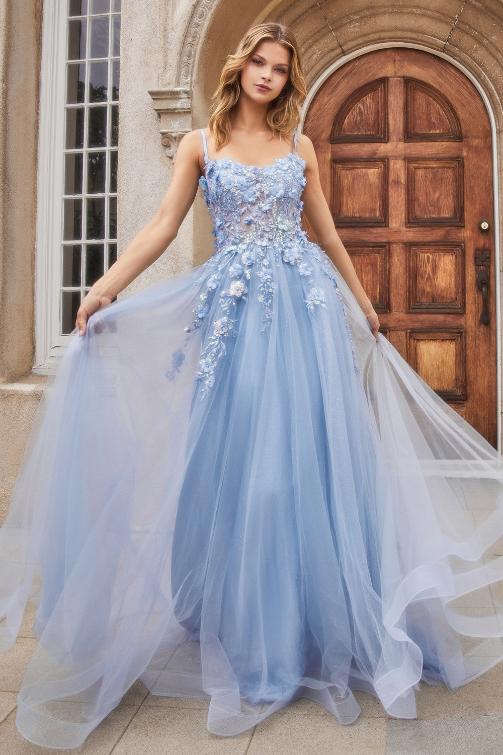 Blue Floral Applique A-Line Gown A1142 Penelope Gown - Special Occasion