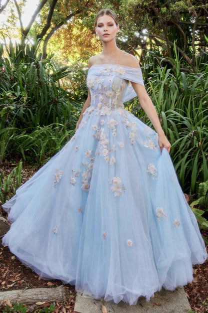 Blue Floral Embellished Off-Shoulder Gown A1048 - Special Occasion