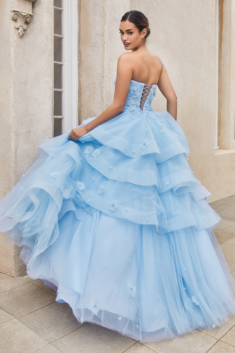 Blue Strapless Peony Petal Layered Ball Gown Andrea & Leo Couture - A1220