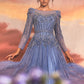 Blue_2 Beaded Long Sleeve A-Line Gown A1167 - Special Occasion-Curves