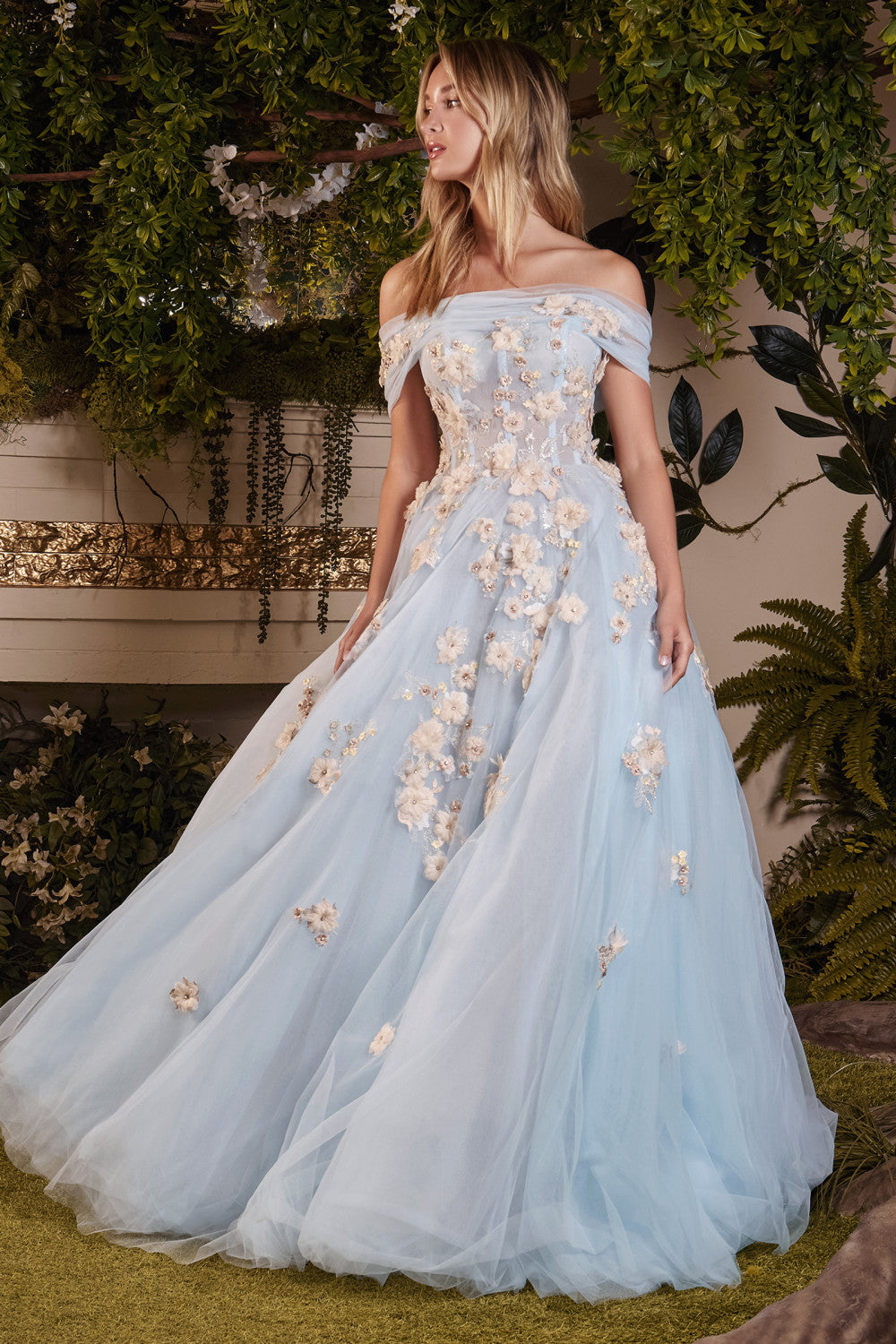 Off the Shoulder Sheer Bodice with 3D Floral Applique A-line Gown by Andrea  & Leo Couture A1048 - Special Occasion