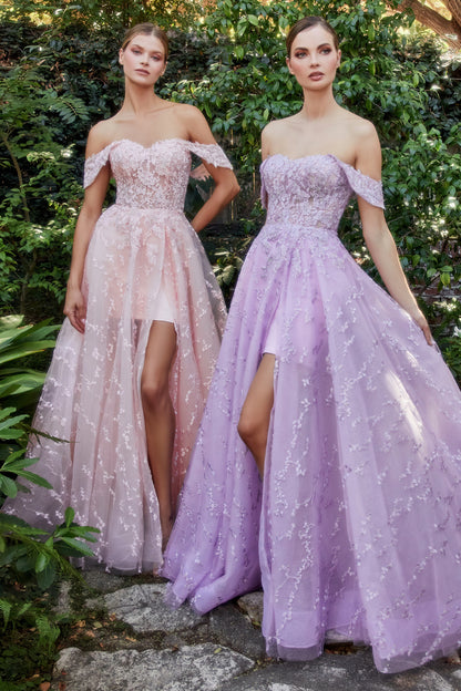 Blush-Lavender Lace Off the Shoulder A-line with Short Skirt Gown Andrea & Leo Couture - A1207