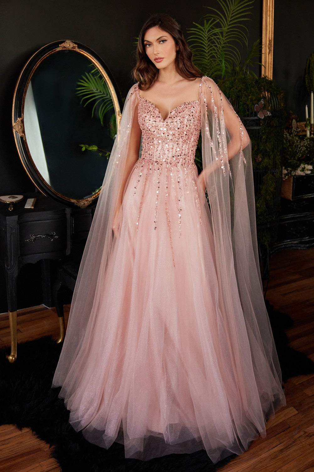 Cape sleeve shop evening gown