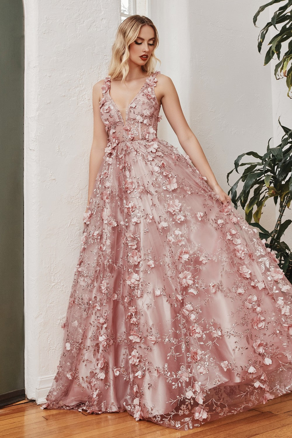 Blush Floral A-Line Ball Gown J838 - Women Evening Formal Gown - Special Occasion-Curves