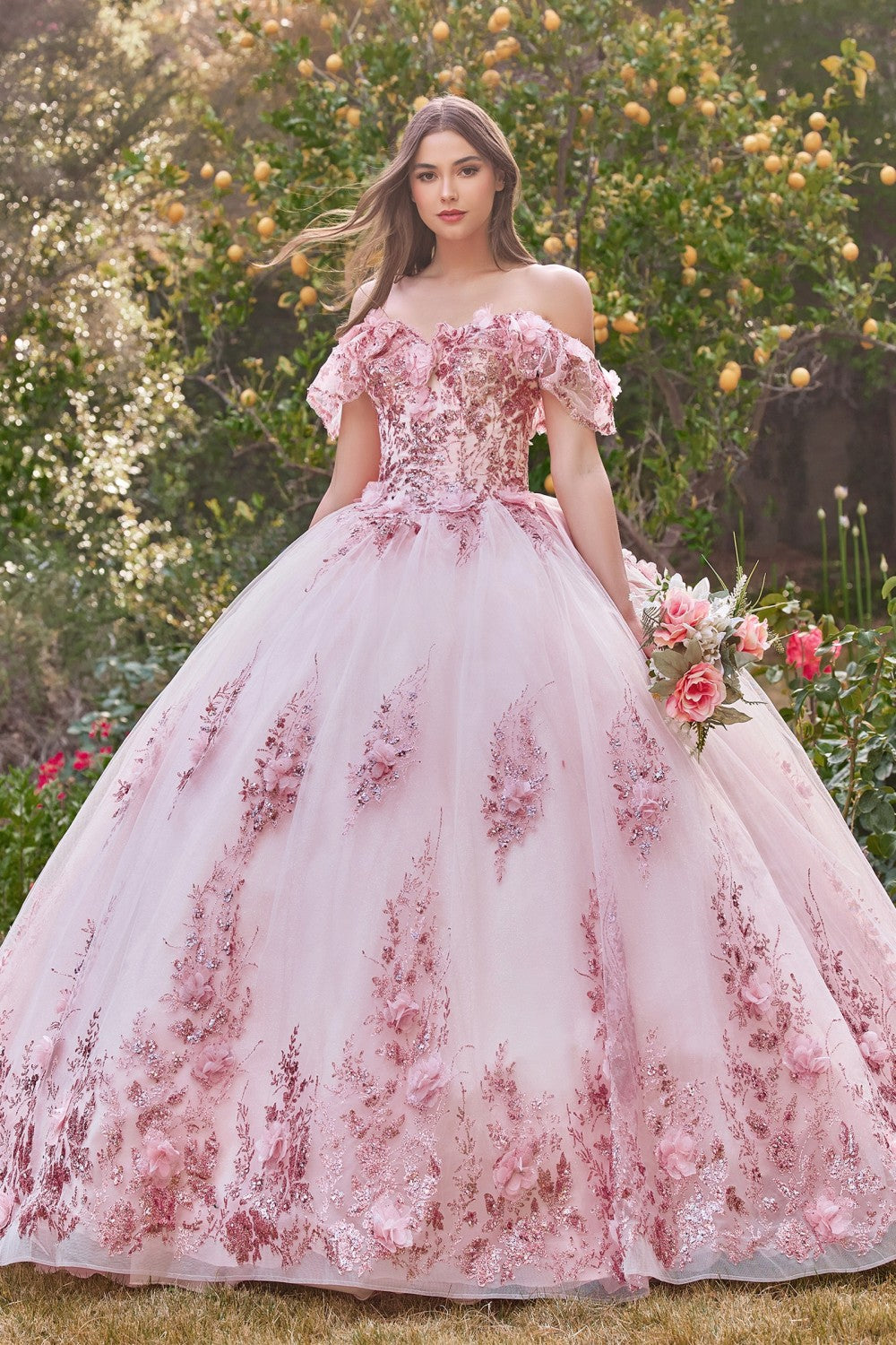 Blush Floral Off The Shoulder Quinceanera Ball Gown 15701