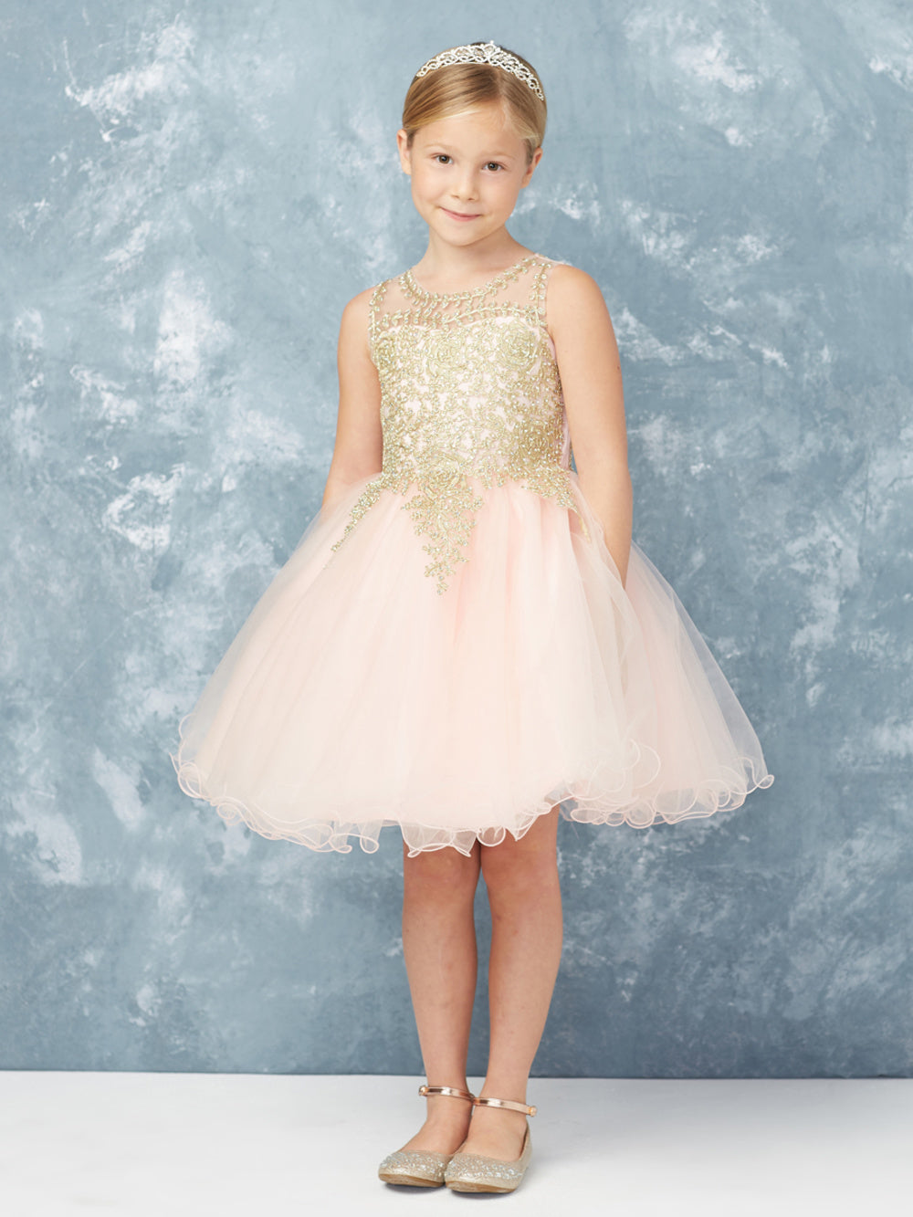 Blush Girl Dress with Floral Applique Bodice - AS7013