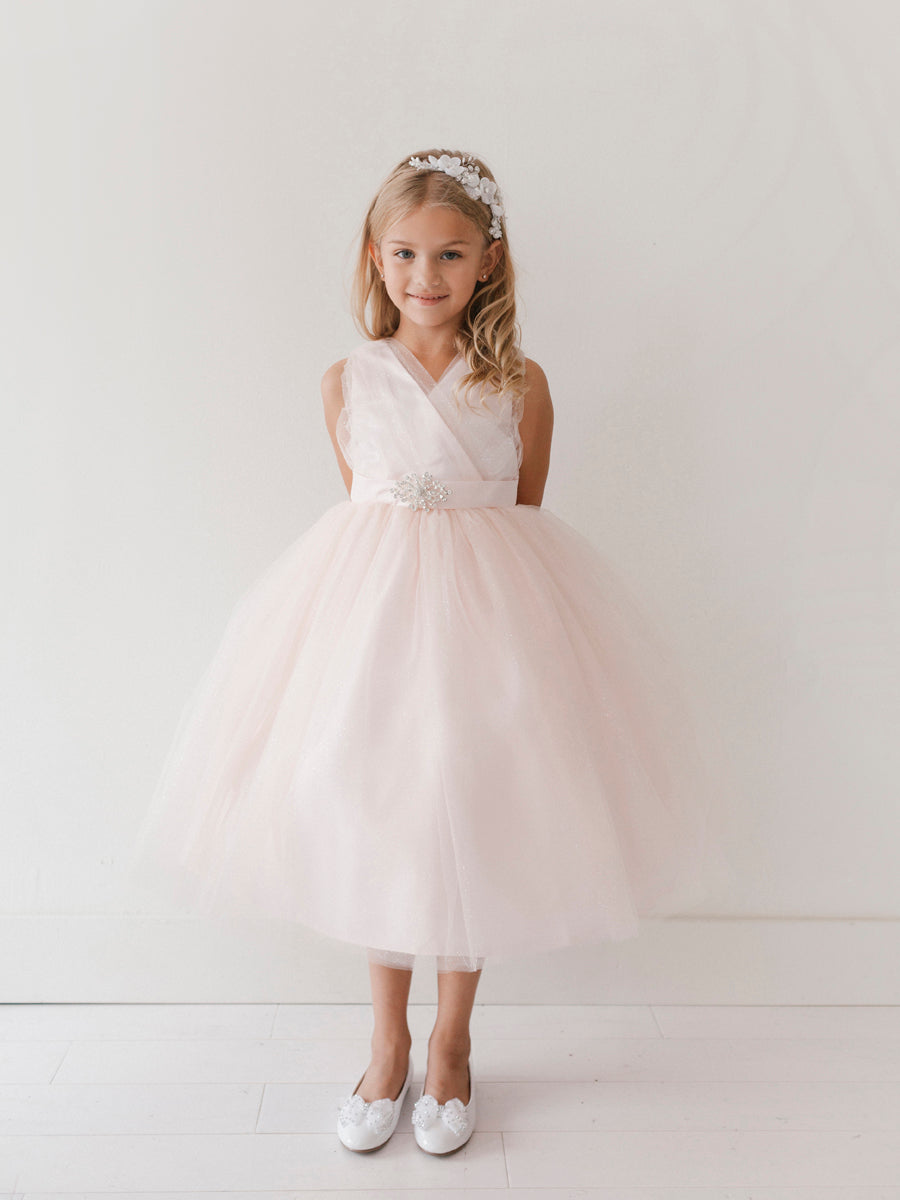 Blush Girl Dress with Glitter V-Neck Tulle Dress - AS5698