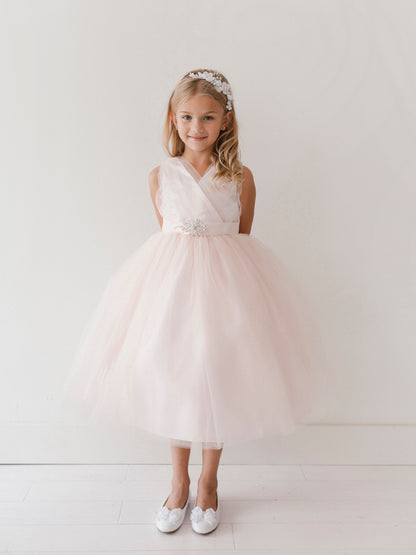 Blush Girl Dress with Glitter V-Neck Tulle Dress - AS5698