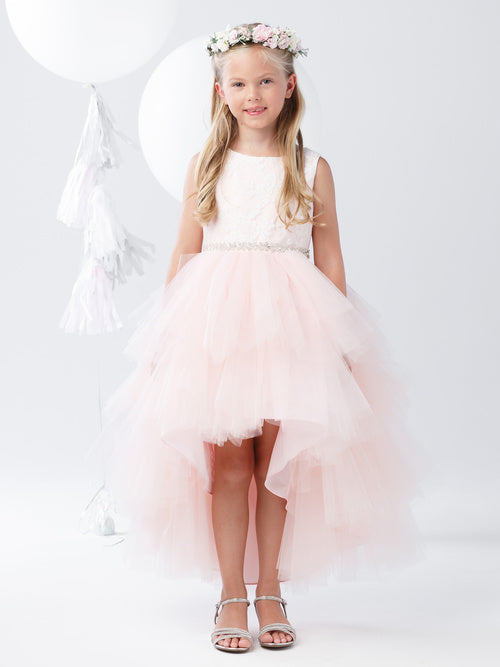 Blush Girl Dress with Lace Bodice and Beaded Sash Dress - AS5722