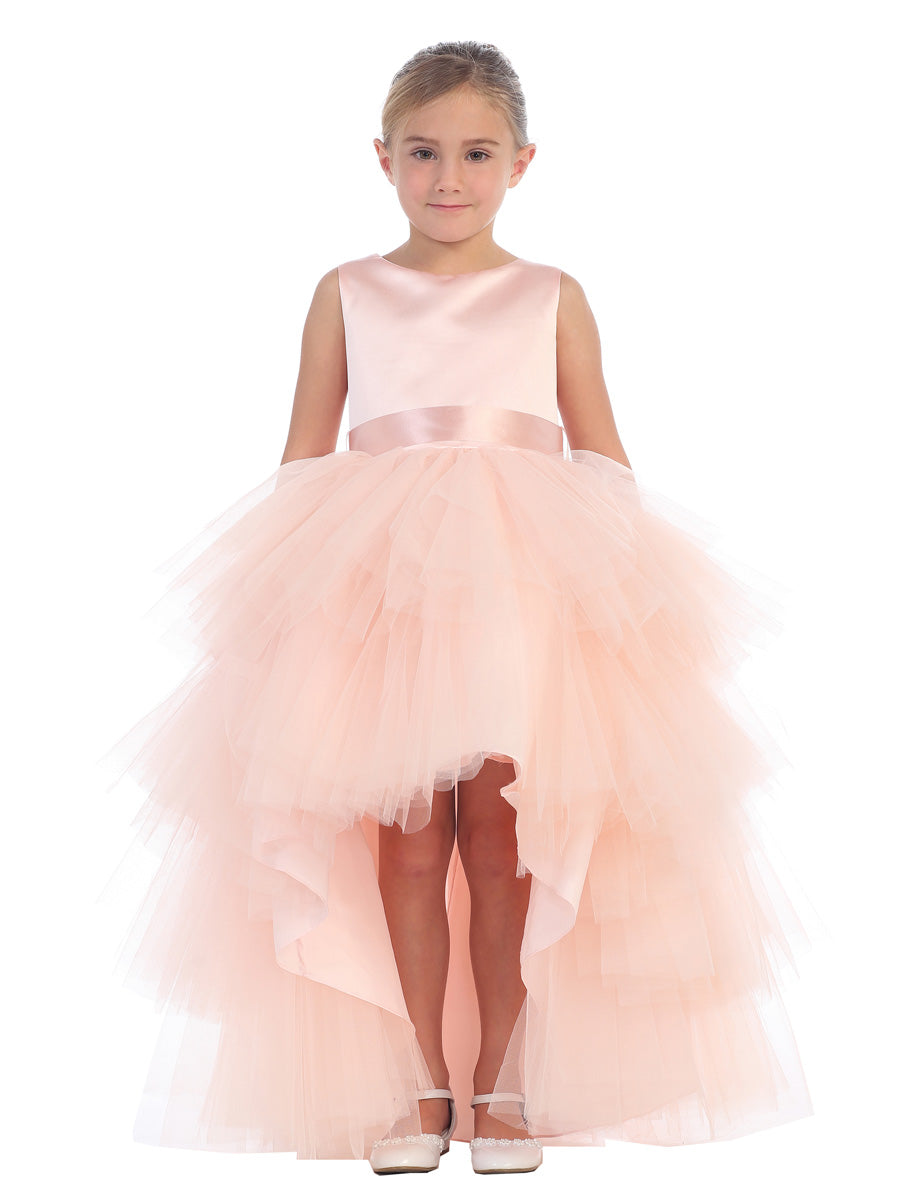Blush Girl Dress with Ruffled Tulle High-Low Dress - AS5658