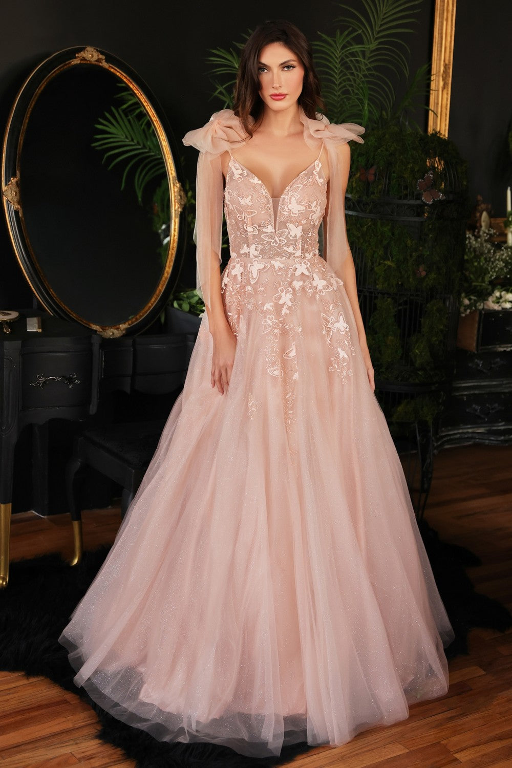 Buy Pink Tulle Embellishment Beads And Sequin V Neck Maia Front Slit Gown  For Women by Amit GT Online at Aza Fashions.