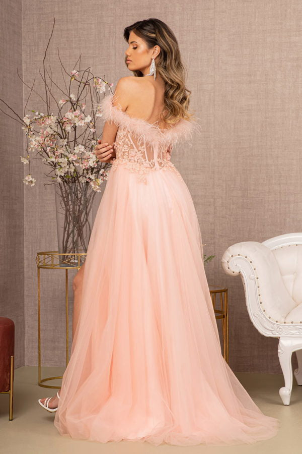 Off Shoulder Feather A-line Gown by GLS Gloria GL3138 Blush / 3XL Off Shoulder Feather A-line Gown by GLS Gloria GL3138 Blush / 3XL