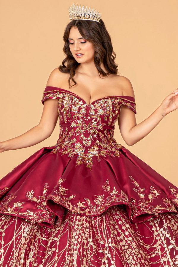 Burgundy-gold_6 GL3098 - Satin Off-Shoulder Sweetheart Neckline Quinceanera Dress