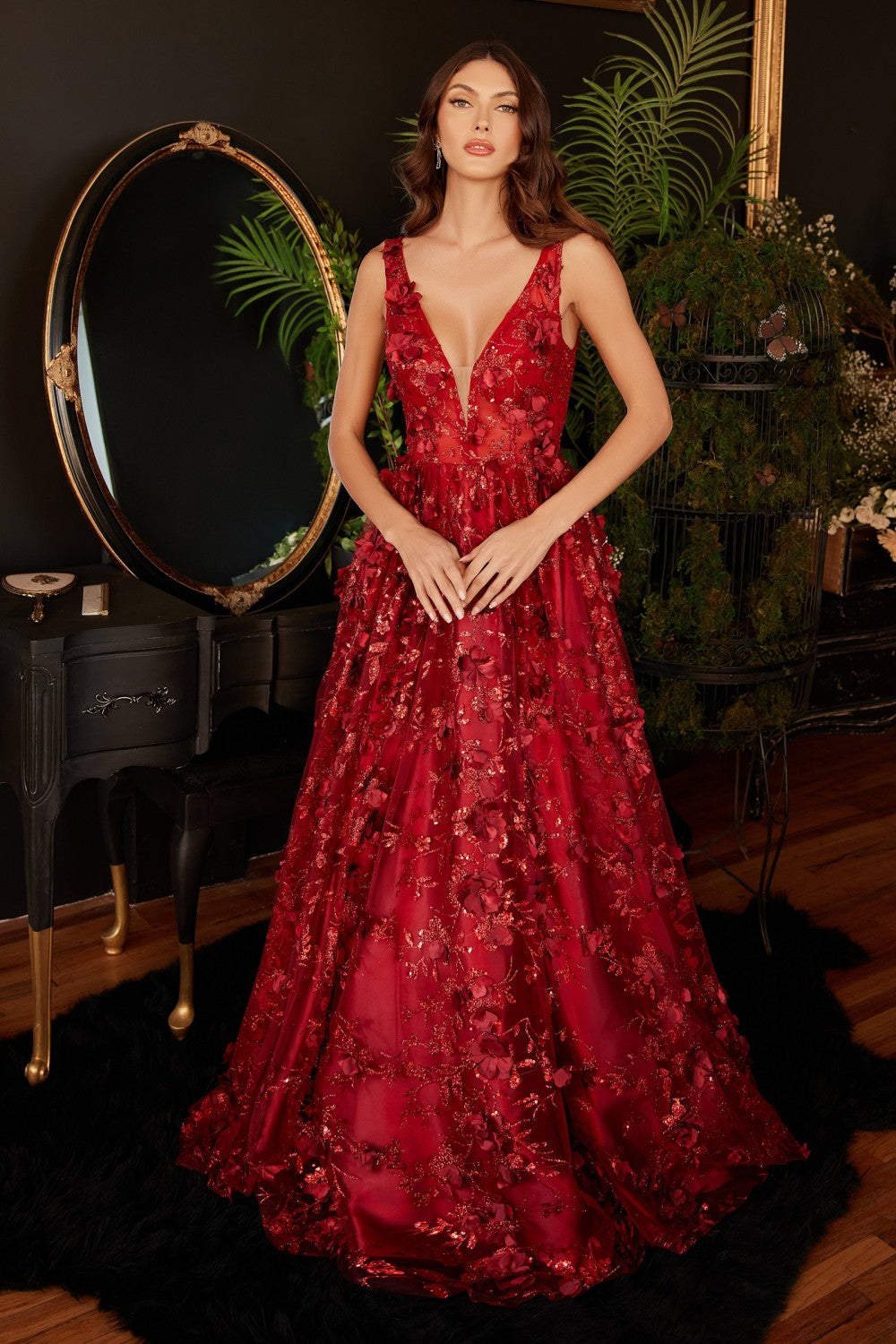 Burgundy Floral A-Line Ball Gown J838 - Women Evening Formal Gown - Special Occasion-Curves