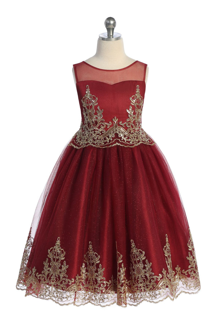 Burgundy Girl Dress - Gold Cording Embroidery Dress - AS552 Kids Dream