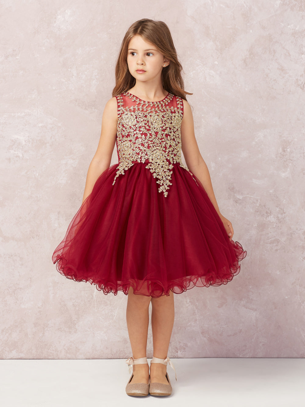 Burgundy Girl Dress with Floral Applique Bodice - AS7013
