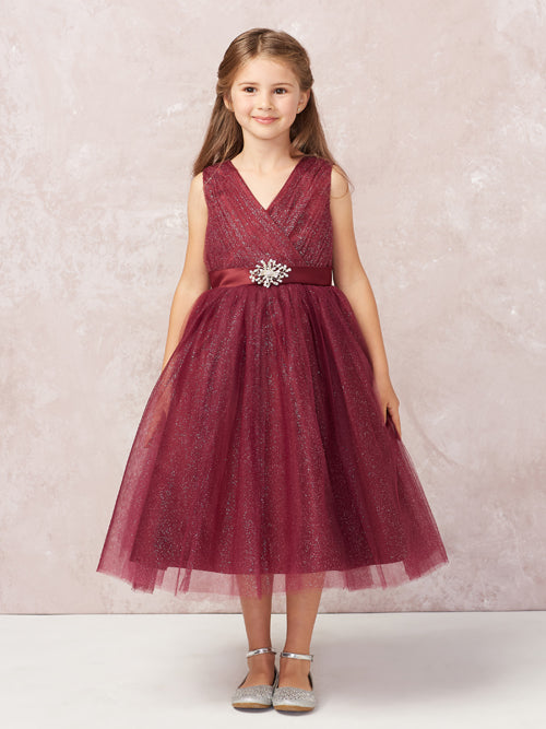 Burgundy Girl Dress with Glitter V-Neck Tulle Dress - AS5698